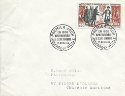 ANDORRE -  TIMBRES N° 168   -  NAPOLEON RETABLIT LE STATUT DANDORRE    -  1ER JOUR   -  SEUL SUR LETTRE  - 1964 - Cartas & Documentos