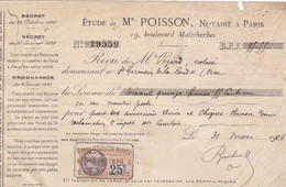 PARIS SIMON POISSON NOTAIRE RECU ANNEE 1926 AVEC CACHET ET TIMBRE FISCAL - Suisse