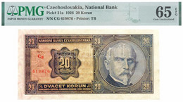 Csehszlovákia 1926. 20K "Cg 619876" Eredeti PMG Tokban T:65 (I-) Czechoslovakia 1926. 20 Korun "Cg 619876" In Original P - Unclassified