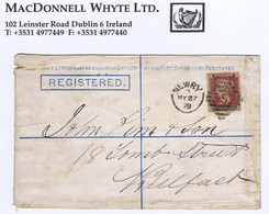 Ireland Registration Down 1879 QV 2d Blue Reg. Env. To Belfast With 1d Red Tied NEWRY/357 Duplex For MY 27, Faults - Enteros Postales