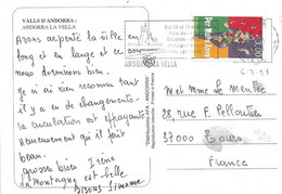 ANDORRE  - TIMBRE N° 497-   BON ANNIVERSAIRE      -    SEUL SUR LETTRE  - 1998 - Storia Postale