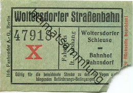 Deutschland - Woltersdorf - Woltersdorfer Strassenbahn - Fahrschein Wolterdorfer Schleuse Bahnhof Rahnsdorf - Rückseitig - Europa