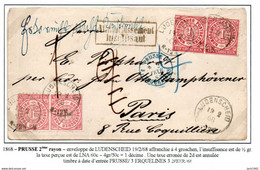 1868 - Conf. Allemagne Du Nord - De Prusse 2°rayon, Enveloppe De Ludenscheid Affr.1grosx4, Taxe 1 Décime à Paris - Cartas & Documentos