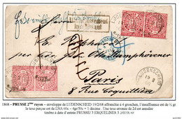 1868 - Conf. Allemagne Du Nord - De Prusse 2°rayon, Enveloppe De Ludenscheid Affr.1grosx4, Taxe 1 Décime à Paris - Covers & Documents