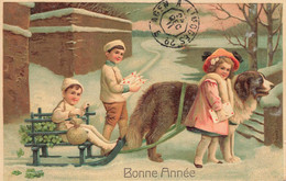 Attelage à Chien * CPA Illustrateur Gaufrée Embossed * Enfants Neige Luge Hiver Chiot Dog Dogs Voiture à Chien - Perros