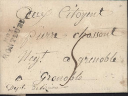 Ain Marque Postale N°1 MONTUEL 33x8 Taxe Manuscrite 5 Lettre Du 5 Brumaire An VIII Pour Grenoble - 1701-1800: Vorläufer XVIII