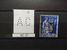 FRANCE TIMBRE  AC 27 INDICE 6  PERFORE PERFORES PERFIN PERFINS PERFO PERFORATION PERFORIERT - Usados