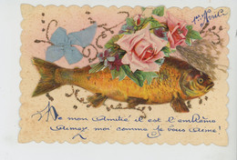 POISSON D'AVRIL - Jolie Carte Fantaisie Avec Ajoutis Poisson 1er Avril Fleurs Roses Et Ruban Bleu - 1er Avril - Poisson D'avril