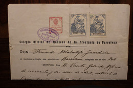 1930 Colegio De Medicos De La Provincia De Barcelona Sello Fiscal Espagne Cover Certificado - Fiscales