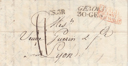 LETTRE. ITALIE. 30 JU 1836. GENOVA POUR LYON. ENTREE ROUGE ITALIE PONT DE BEAUVOISIN. CS.3R. TAXE 11 - Marques D'entrées