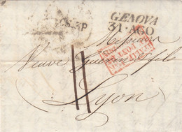 LETTRE. ITALIE. 31 AGO 1833. G.M.BERTELLI GENOVA POUR LYON. ENTREE ROUGE ITALIE PONT DE BEAUVOISIN. CS.3R. TAXE 11 - Marques D'entrées