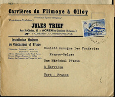 Env. Entière à En-tête Pub: Carrières Du Flimoye à Olloy - Obl. DEUX - ACREN 1938  Sur N° 487 - Autres & Non Classés