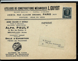 Carte à En-tête: Ateliers De Construction Mécaniques J.Guyot - Paris ; Affranchi D'un Préo Houyoux 1927 - Autres & Non Classés