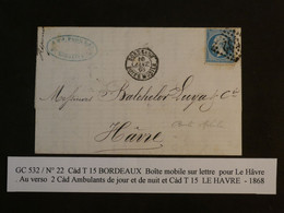 BK0 FRANCE  BELLE LETTRE RR  1868 BORDEAUX AU HAVRE  +OB BOITE MOBILE+ N° 22+ ++AFFRANCH. INTERESSANT++ - 1862 Napoléon III