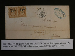 BK0 FRANCE  BELLE LETTRE RR  1864 AUTIN A VIENNE ISERE  +PAIRE DE N° 21++AFFRANCH. INTERESSANT++ - 1862 Napoleon III