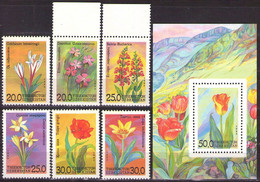 UZBEKISTAN -1993 Mi 35-40 + BL.2,Tulips Crocus Colchicum Flowers,MNH**LUX - Uzbekistan