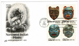 1980 First Day Issue Cover FDC Northwest American Indian Masks Stamps Spokane, Washington USA Ersttagsausgabe - 1971-1980