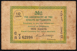 Straits Settlements - Emergency 10 Cents 1919 Rare VF Banknote - Malasia