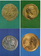 4 CPM     REPRESENTATIONS DE MONNAIES   ROMAINE  MARC AURELE ET JULES CESAR + LOUIS XIV + JEAN LE BON - Münzen (Abb.)