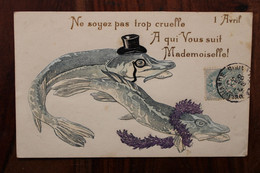 AK 1905 Animaux Habillés Poissons Brochet Humanisés Cpa Gaufrée 1er Avril Voyagée Pour Les Menas à Etrechet Indre - Animali Abbigliati