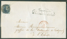 POSTE DES ECLUSES N°7 - Médaillon 20 Centimes Bleu Obl; P.23 à 14 Barres Sur Lettre De BRUGES Le 10 Octobre 1856 + Griff - 1851-1857 Medallions (6/8)