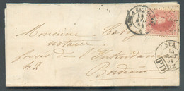 N°16 - Médaillon 40 Centimes Carmin-rose, Obl. LP.340 S/L. De SPA le 14 Août 1864 Vers Bordeaux - Verso : Dc MIDI III. - - 1863-1864 Medaillen (13/16)