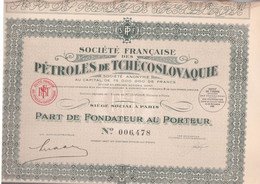 ACTIONS TITRES - SOCIETE FRANCAISE PETROLES DE TCHECOSLOVAQUIE  - ACTION DE 100 F AU PORTEUR - Erdöl
