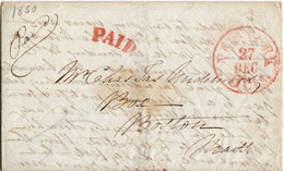 (R79) USA - Cover 27 Déc 1850 - Red Postal Markings Paid - Boston - Red Cancellation - Staten Island. - …-1845 Vorphilatelie