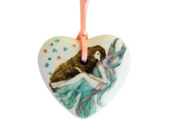 FAIRY HAND PAINTED ON A HEART-SHAPED WHITE CERAMIC PENDANT - Pendants