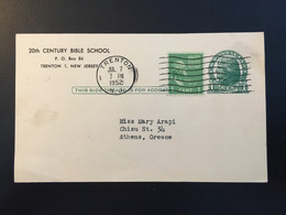 United States 1952 1C+1C Uprated Postal Stationery Card From Trenton N.J. 20th Century Bible School To Athens Greece - 1941-60