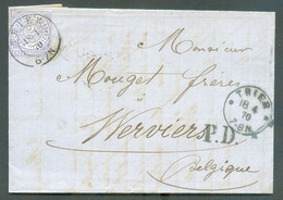 N°16 - 2Gr. Bleu Obl. Dd TRIER 18-4 70 sur Lettre Vers Verviers - Verso : Sc ALLEMAGNE PAR NAMUR rare. Vdl 85. - B/TB - - Officinas De Paso