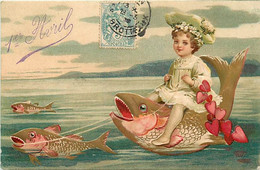 Themes Div-ref MM536-carte Gaufrée Fond Doré Dorure -enfants - Enfant  -1er Avril -attelage Poissons Et Petits Coeurs - 1er Avril - Poisson D'avril