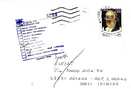 SAN MARINO - 2002 Lettera Dall'Italia Con Francobollo Singolo + Timbro Viola Di S.Marino Destinatario Trasferito - 2069 - Covers & Documents