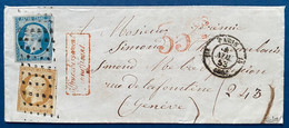 Lettre Presidence N°9 & 10 Oblit Rouleaux Gros Points + Dateur Route 15 " PARIS / 1er/ 60/ 15 " Pour GENEVE Signé CALVES - 1852 Luigi-Napoleone