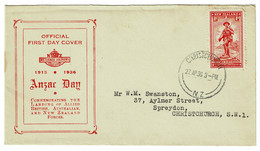 Ref 1581 - New Zealand 1936 FDC First Day Cover - 1d Anzac Day - Christchurch Postmark - Briefe U. Dokumente