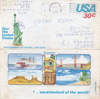 STATUE OF LIBERTY, SHIP, GRAND CANYON, GOLDEN GATE BRIDGE, BEACH, TOTEM, AIR MAIL, AEROGRAMME, 1982, USA - 3a. 1961-… Used