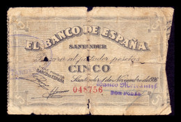 España Spain Guerra Civil 5 Pesetas Santander 1936 Pick S581d BC- G - 5 Peseten