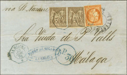 Càd Octo Bleu LA GUAYRA * / N° 38 + N° 69 Paire Sur Lettre Pour Malaga. Au Recto, Taxe Tampon Espagnole 1P.30. Au Verso, - 1870 Siege Of Paris