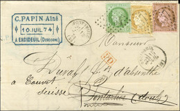 GC 1457 / N° 58 + N° 59 Càd T 16 EXCIDEUIL (23) Sur Lettre Avec Texte Adressée à Pontarlier, Réexpédiée à Couvet (Suisse - 1871-1875 Ceres