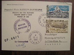 FRANCE T.A.A.F 1980 Marion DUFRESNE  Alfred Faure Crozet Enveloppe Lettre Cover Signé Commandant TAAF - Cartas & Documentos