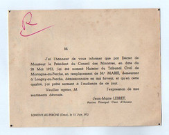 VP21.365 - 1953 / Faire - Part / Nomination De Me Jean - Marie LEBRET Huissier Du Tribunal Cicil De MORTAGNE AU PERCHE - Otros & Sin Clasificación