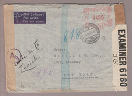 CH Firmenfreistempel 1943-02-24 Zürich2 Brief Nach New York 400 Rp. Mit Geheimschriftsprüfung - Postage Meters