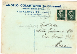 CASALANGUIDA - ANGELO COLANTONIO FU GIOVANNI - TESSUTI - CARTOLINA COMMERCIALE SPEDITA NEL 1940 CASALGUIDA-BARI - Publicité