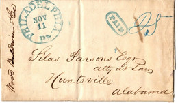 (R80) USA - Cover 11 Nov1844 - Green Postal Markings  Paid & Philadelphia - 25Cts - Huntsville - Alabama. - …-1845 Voorfilatelie