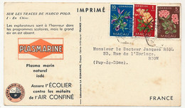 MACAO - Carte Publicitaire PLASMARINE Affranchie 3 TP Fleurs MACAO - 195? - Cartas & Documentos