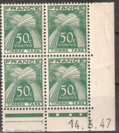 France Yvert Taxe 80 ** Gerbes De Blé Timbre 50 « c Penché » Tàn Vert Coin-daté Du 14,3,47 Galvano A+B - Postage Due