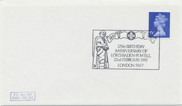 GB SPECIAL EVENT POSTMARKS 1857-1982 125th BIRTHDAY ANNIVERSARY OF LORD BADEN POWELL 22nd FEBRUARY 1982 LONDON SW7 - Postmark Collection