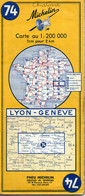 Carte N: 74  -  Lyons  - Genève   - Pub Pneus  Michelin Au Dos Carte Au  200000 ème  De 1970. - Kaarten & Atlas