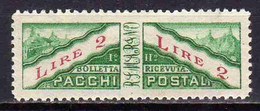 REPUBBLICA DI SAN MARINO 1928 PACCHI POSTALI PARCEL POST LIRE 2 MNH - Parcel Post Stamps