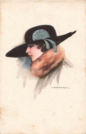 CPA Illustrateur Nanni - Femme Avec Chapeau Noir A Eventail Bleu Et Col En Fourrure - Nanni